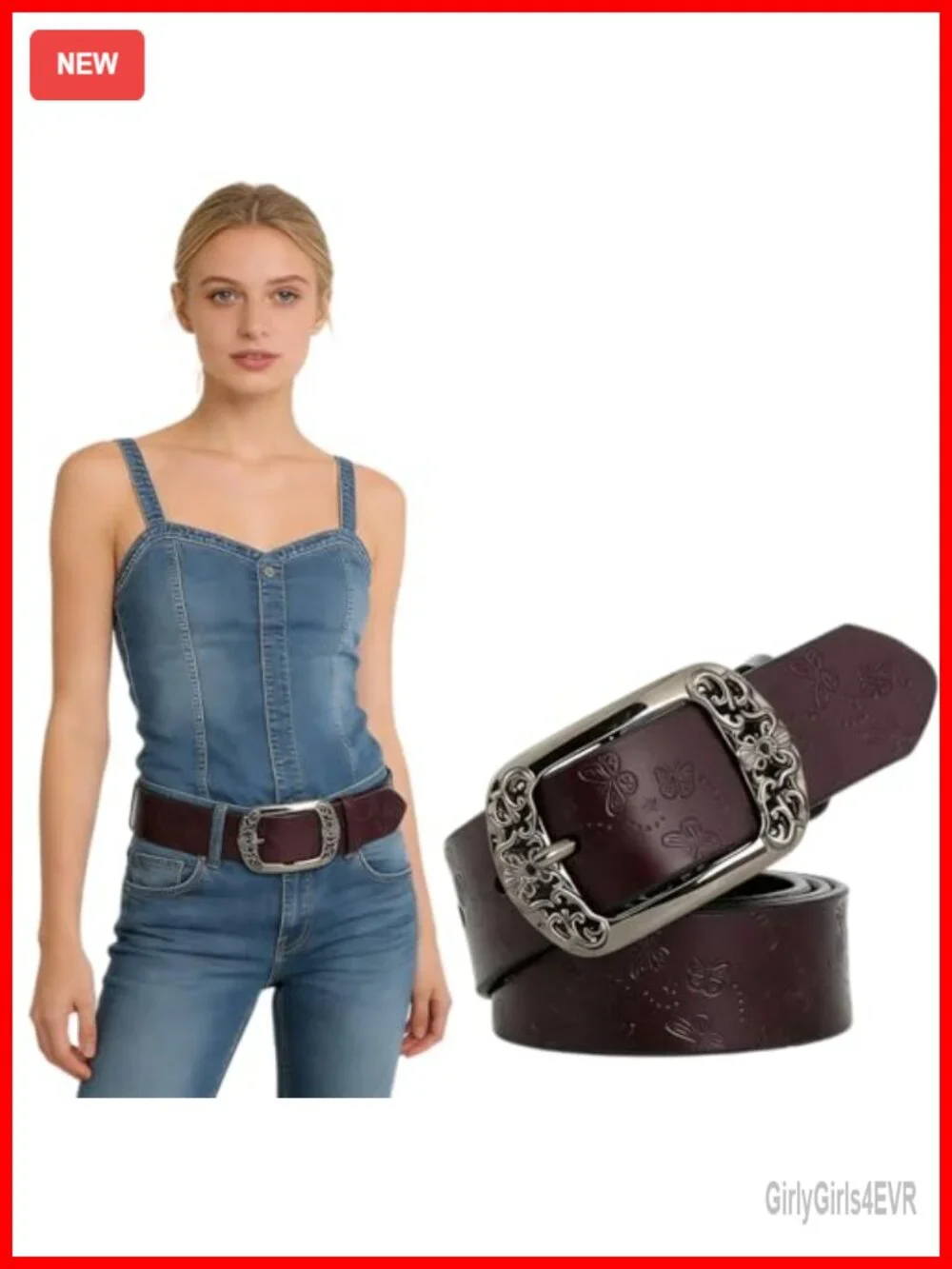 Women's Vintage Leather Belt with Hollow Floral Etched Design Large Buckle
